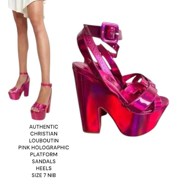 NIB CHRISTIAN LOUBOUTIN HOT PINK HOLOGRAPHIC PLATFORM SANDALS HEELS US 7 - Picture 1 of 9
